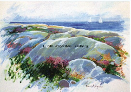 Vacker kustlandskap med klippor, blommor och hav i bakgrunden.